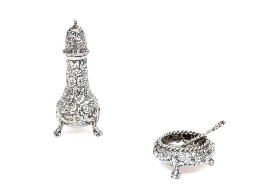 American High Relief Sterling Silver Salt With Spoon And Caster, 3.16 Ozt.