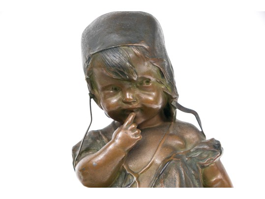 After Juan Clara Adorable Bronze Patinated Sculpture Of A Child Standing On A Stool
