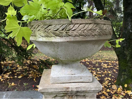Cast Cement Urn Form Planter With Plinth Base
