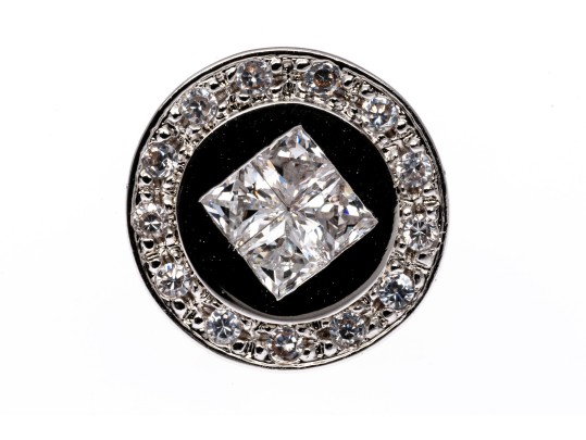 Sterling Silver Distinctive High Polished Round Flat Button Earring With Princess Cut And Round CZ's