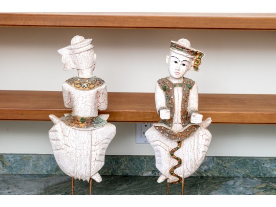 Pair Of Decorative Thai Carved And Inlaid Figures On Stands