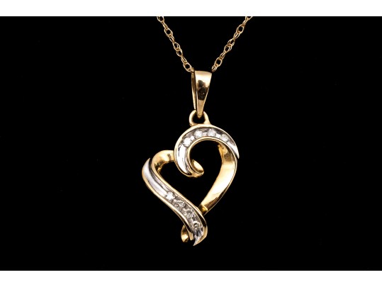 14k Yellow Gold Retro Diamond Set Heart Pendant, App. 0.04 TCW, With Chain