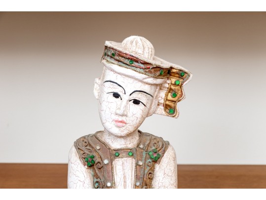 Pair Of Decorative Thai Carved And Inlaid Figures On Stands