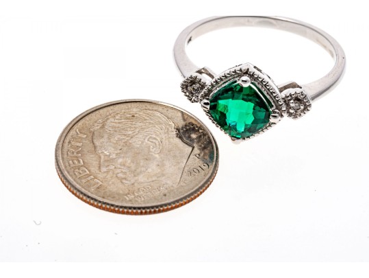 10k White Gold Unusual Checkerboard Cut Synthetic Emerald Ring With Diamonds, Size 7