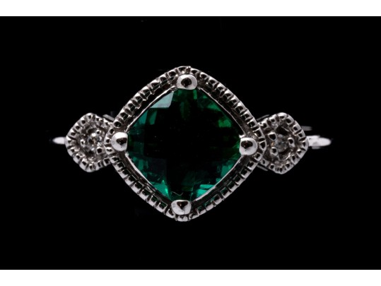 10k White Gold Unusual Checkerboard Cut Synthetic Emerald Ring With Diamonds, Size 7