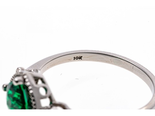 10k White Gold Unusual Checkerboard Cut Synthetic Emerald Ring With Diamonds, Size 7