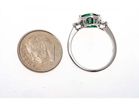 10k White Gold Unusual Checkerboard Cut Synthetic Emerald Ring With Diamonds, Size 7