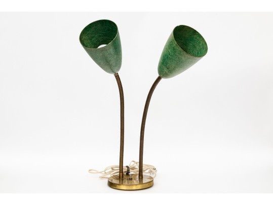 Vintage Fiberglass And Brass Double Gooseneck Adjustable Table Lamp