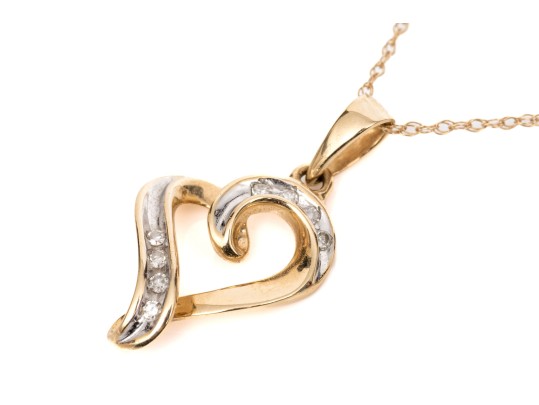 14k Yellow Gold Retro Diamond Set Heart Pendant, App. 0.04 TCW, With Chain