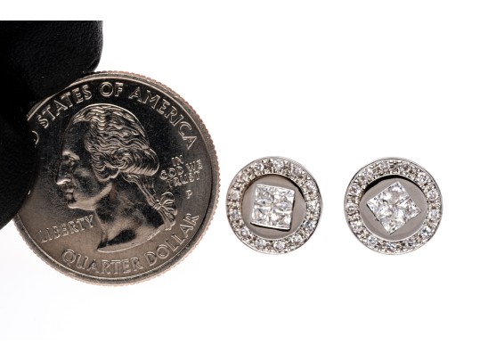 Sterling Silver Distinctive High Polished Round Flat Button Earring With Princess Cut And Round CZ's