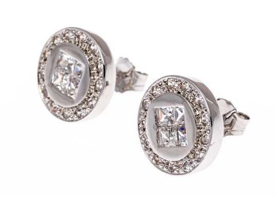 Sterling Silver Distinctive High Polished Round Flat Button Earring With Princess Cut And Round CZ's