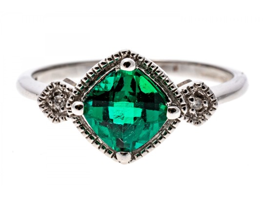 10k White Gold Unusual Checkerboard Cut Synthetic Emerald Ring With Diamonds, Size 7