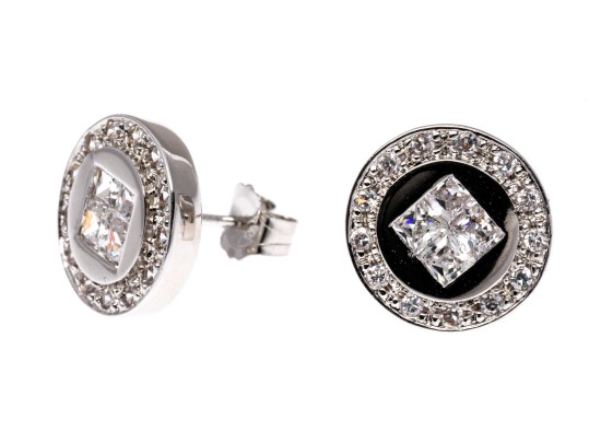 Sterling Silver Distinctive High Polished Round Flat Button Earring With Princess Cut And Round CZ's