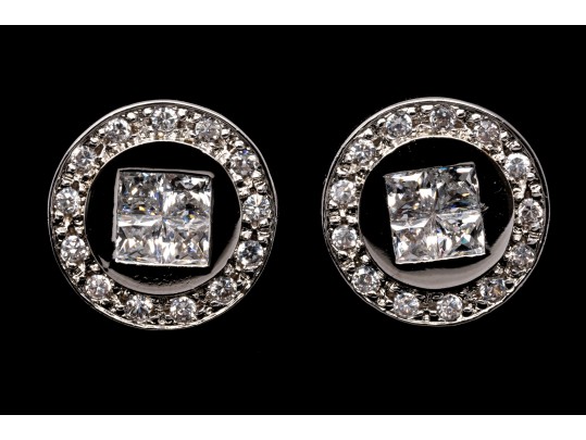 Sterling Silver Distinctive High Polished Round Flat Button Earring With Princess Cut And Round CZ's
