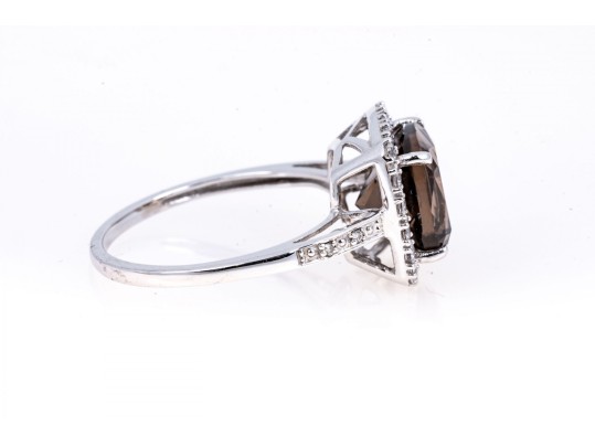 Contemporary 10K White Gold And Smoky Quartz Ring, Size 7.25