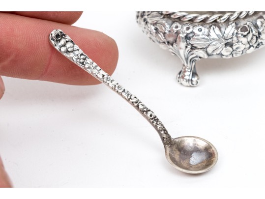 American High Relief Sterling Silver Salt With Spoon And Caster, 3.16 Ozt.