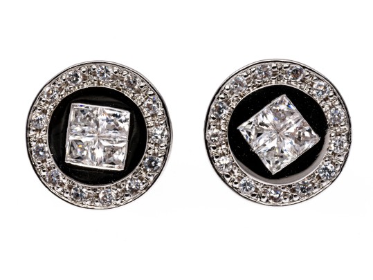 Sterling Silver Distinctive High Polished Round Flat Button Earring With Princess Cut And Round CZ's