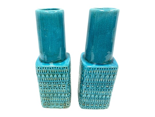 Pair Of Tozai Turquoise Crackle Glaze Vases