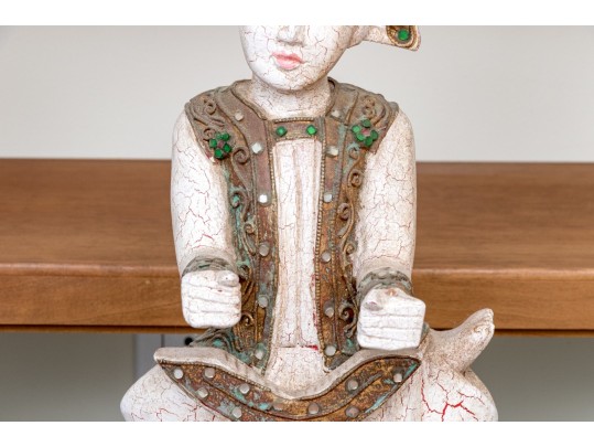 Pair Of Decorative Thai Carved And Inlaid Figures On Stands