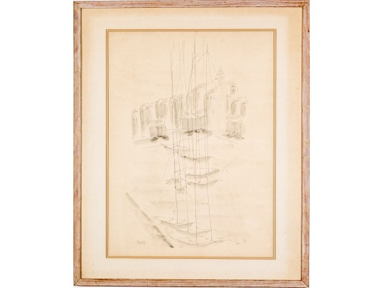 Jan Vakowskai (French, B. 1932) Ink On Paper, Abstracted Harbor Scene With Sailboats