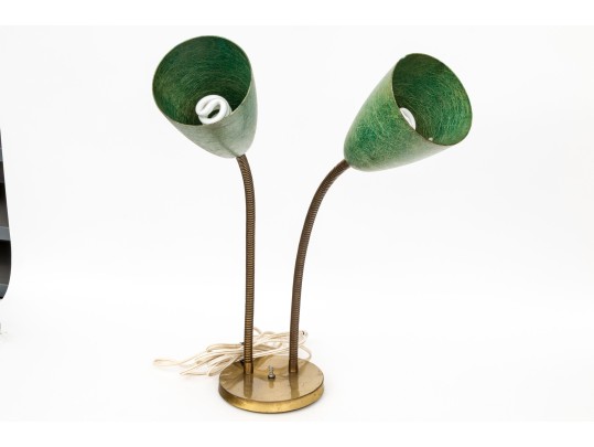 Vintage Fiberglass And Brass Double Gooseneck Adjustable Table Lamp