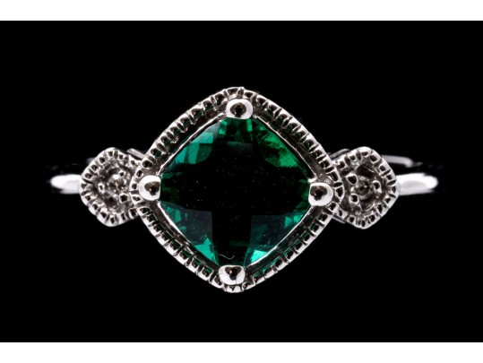 10k White Gold Unusual Checkerboard Cut Synthetic Emerald Ring With Diamonds, Size 7