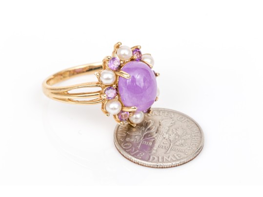 14k Yellow Gold Pretty Purple Aventurine Cabachon, Cultured Pearl And Amethyst Halo Ring, Size 7.75