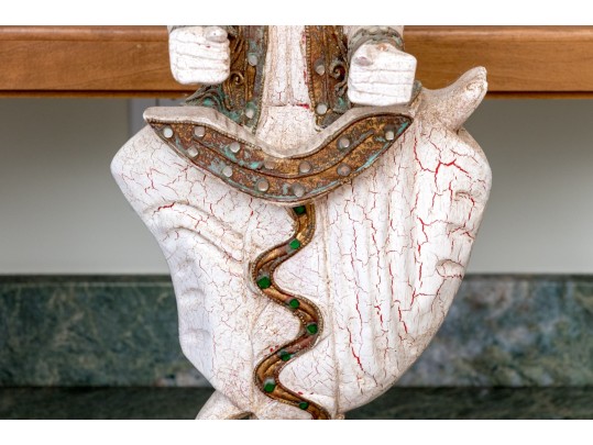 Pair Of Decorative Thai Carved And Inlaid Figures On Stands