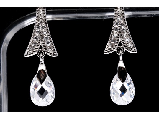 Sterling Silver Graceful Briolette Pendant Earrings Set With Round Brilliant Cut CZ Stones