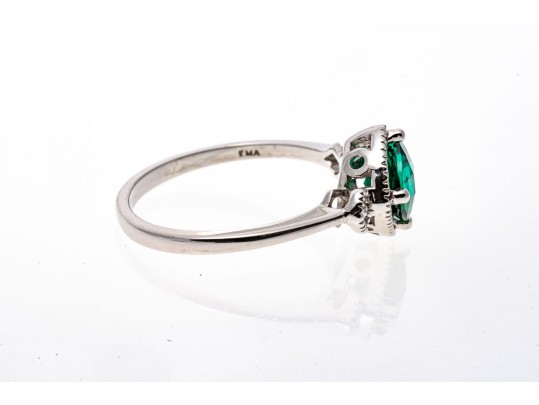 10k White Gold Unusual Checkerboard Cut Synthetic Emerald Ring With Diamonds, Size 7