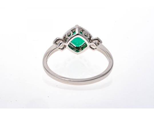 10k White Gold Unusual Checkerboard Cut Synthetic Emerald Ring With Diamonds, Size 7