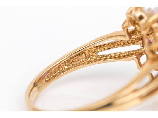 14k Yellow Gold Pretty Purple Aventurine Cabachon, Cultured Pearl And Amethyst Halo Ring, Size 7.75