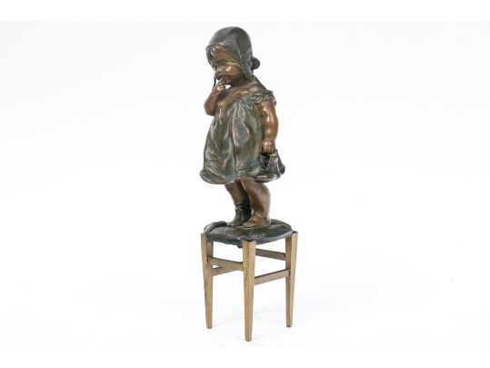 After Juan Clara Adorable Bronze Patinated Sculpture Of A Child Standing On A Stool