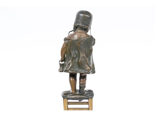 After Juan Clara Adorable Bronze Patinated Sculpture Of A Child Standing On A Stool