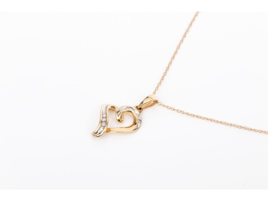 14k Yellow Gold Retro Diamond Set Heart Pendant, App. 0.04 TCW, With Chain