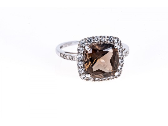Contemporary 10K White Gold And Smoky Quartz Ring, Size 7.25
