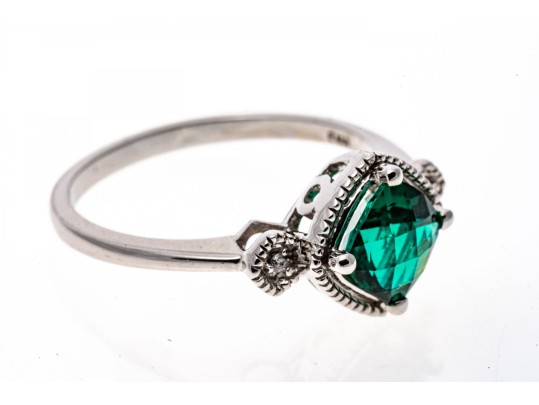 10k White Gold Unusual Checkerboard Cut Synthetic Emerald Ring With Diamonds, Size 7