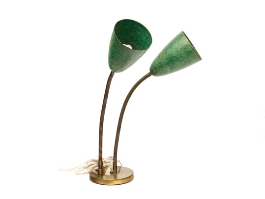 Vintage Fiberglass And Brass Double Gooseneck Adjustable Table Lamp