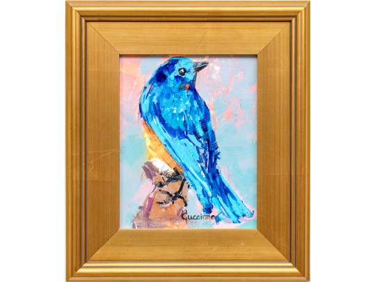 Guccione (Brazilian-American, B. 20th C.) Oil On Canvas, Perched Blue Bird