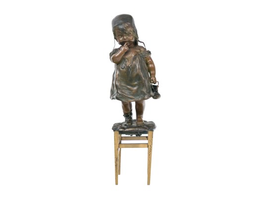 After Juan Clara Adorable Bronze Patinated Sculpture Of A Child Standing On A Stool