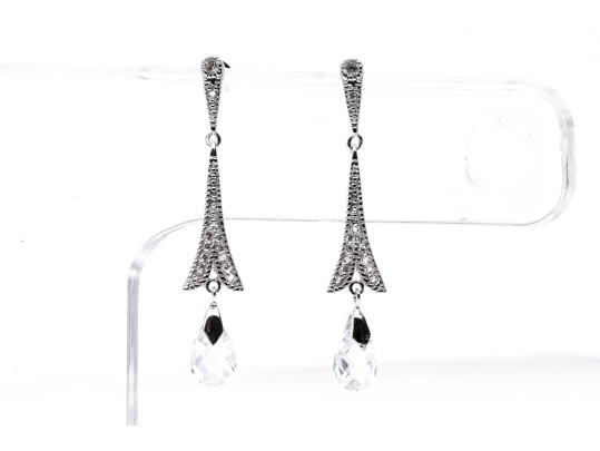 Sterling Silver Graceful Briolette Pendant Earrings Set With Round Brilliant Cut CZ Stones