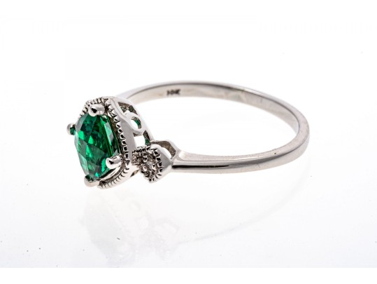 10k White Gold Unusual Checkerboard Cut Synthetic Emerald Ring With Diamonds, Size 7