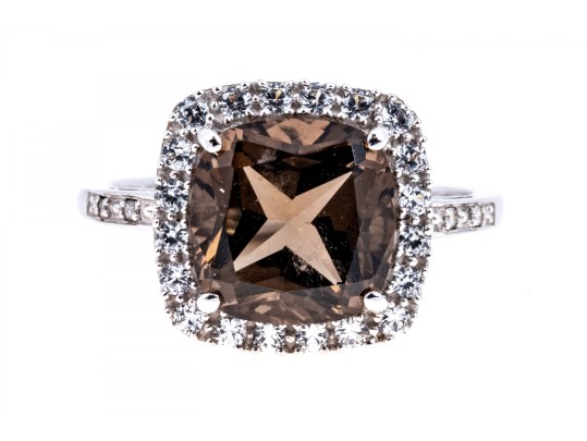 Contemporary 10K White Gold And Smoky Quartz Ring, Size 7.25