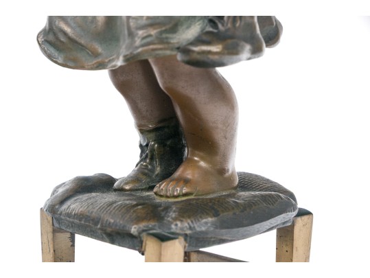 After Juan Clara Adorable Bronze Patinated Sculpture Of A Child Standing On A Stool
