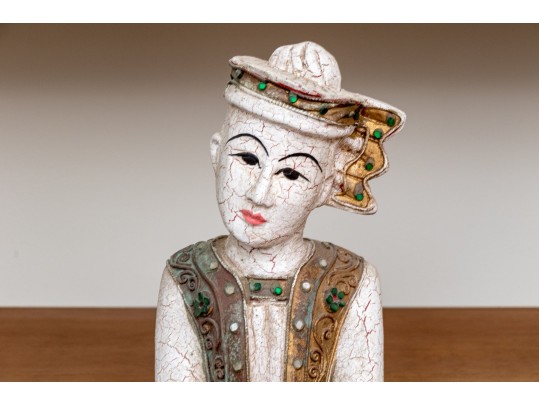 Pair Of Decorative Thai Carved And Inlaid Figures On Stands