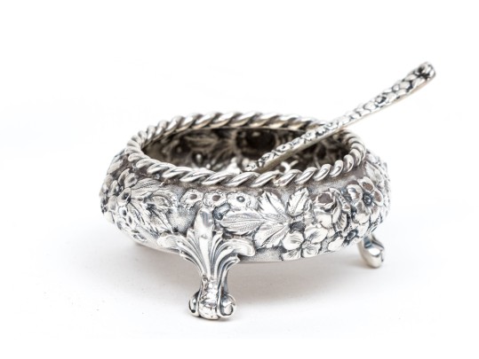 American High Relief Sterling Silver Salt With Spoon And Caster, 3.16 Ozt.