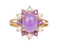 14k Yellow Gold Pretty Purple Aventurine Cabachon, Cultured Pearl And Amethyst Halo Ring, Size 7.75