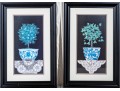 Linda Spivey Pair Of Prints, Still Lives Of Blue And White Planters With Trees And Lace Work, 2007
