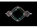 10k White Gold Unusual Checkerboard Cut Synthetic Emerald Ring With Diamonds, Size 7