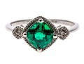 10k White Gold Unusual Checkerboard Cut Synthetic Emerald Ring With Diamonds, Size 7